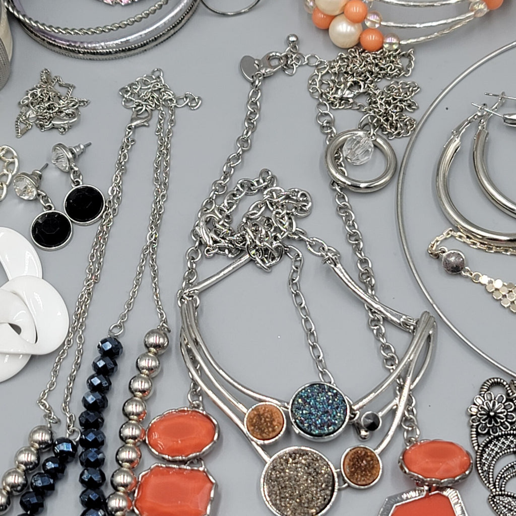 Silver tone Fashion Jewelry Lot of 39 Necklace Bracelets Earrings All Wearable