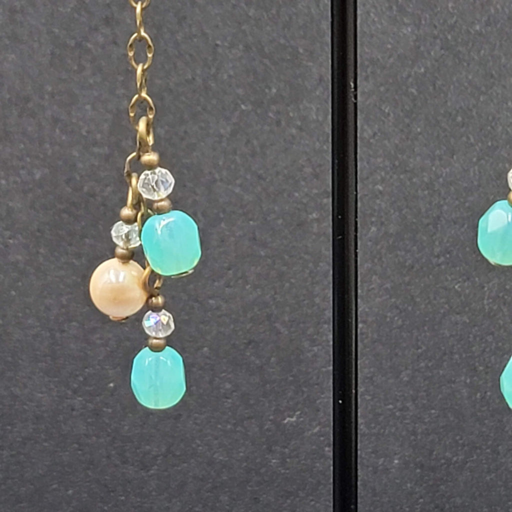 Pierced Earrings Bronze tone Blue Glass Bead Dangle Chains 1.75"