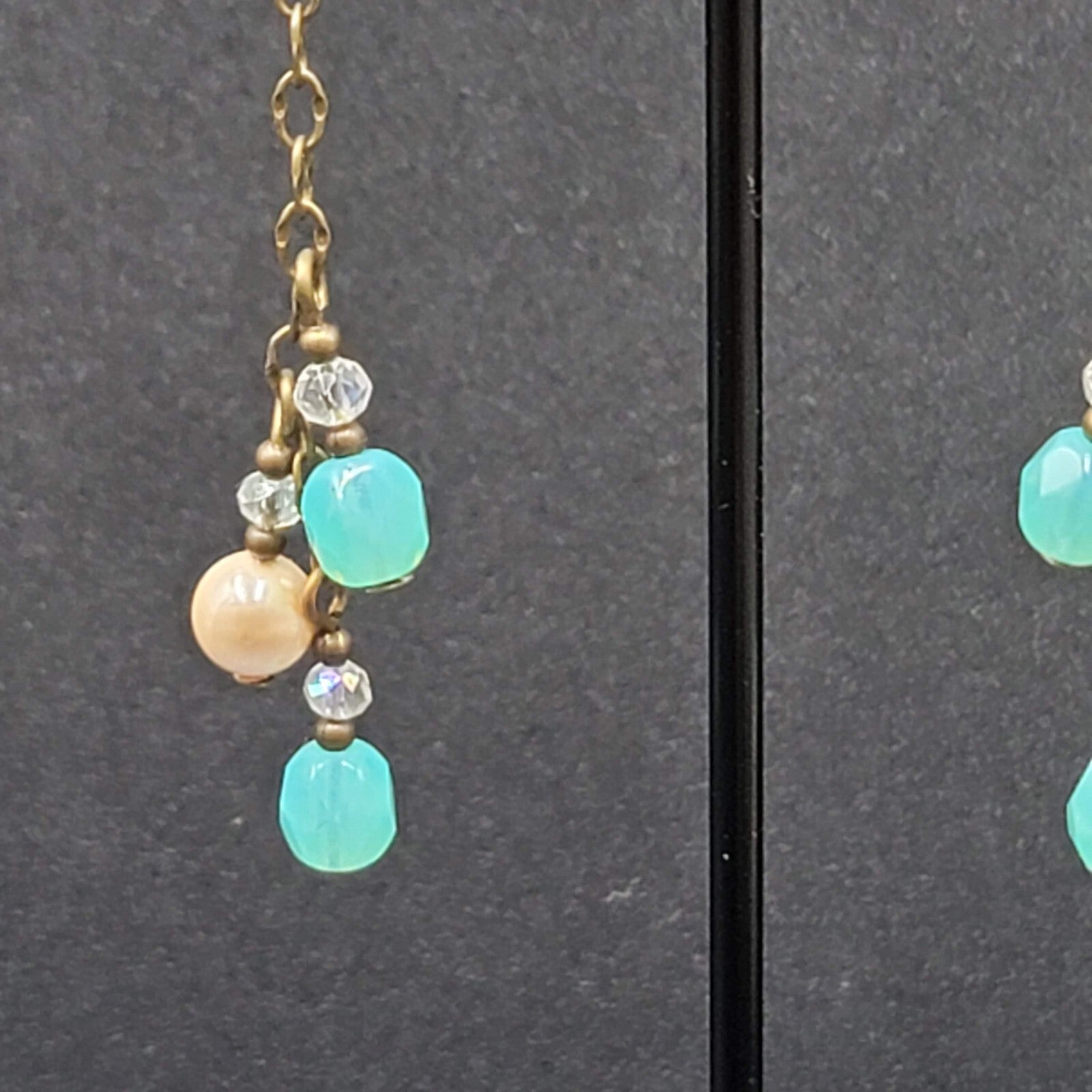 Pierced Earrings Bronze tone Blue Glass Bead Dangle Chains 1.75"