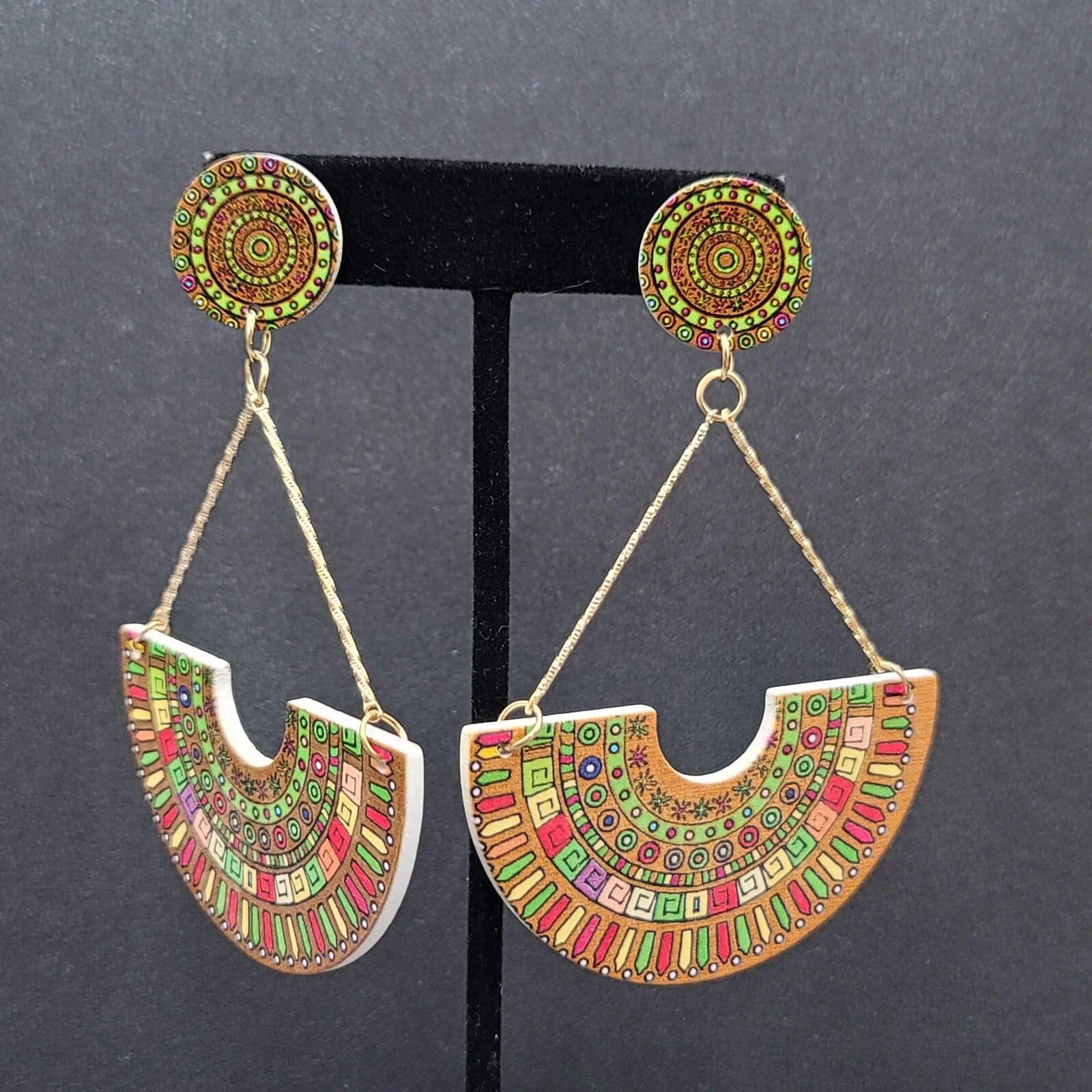 Large Statement Pierced Earrings Multicolor Boho Wood Dangle 3.5"