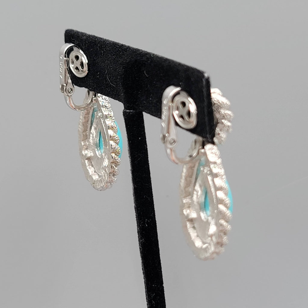 Vintage Avon Clip on Earrings Textured Silver tone Blue Teardrop Dangle 1.5 in