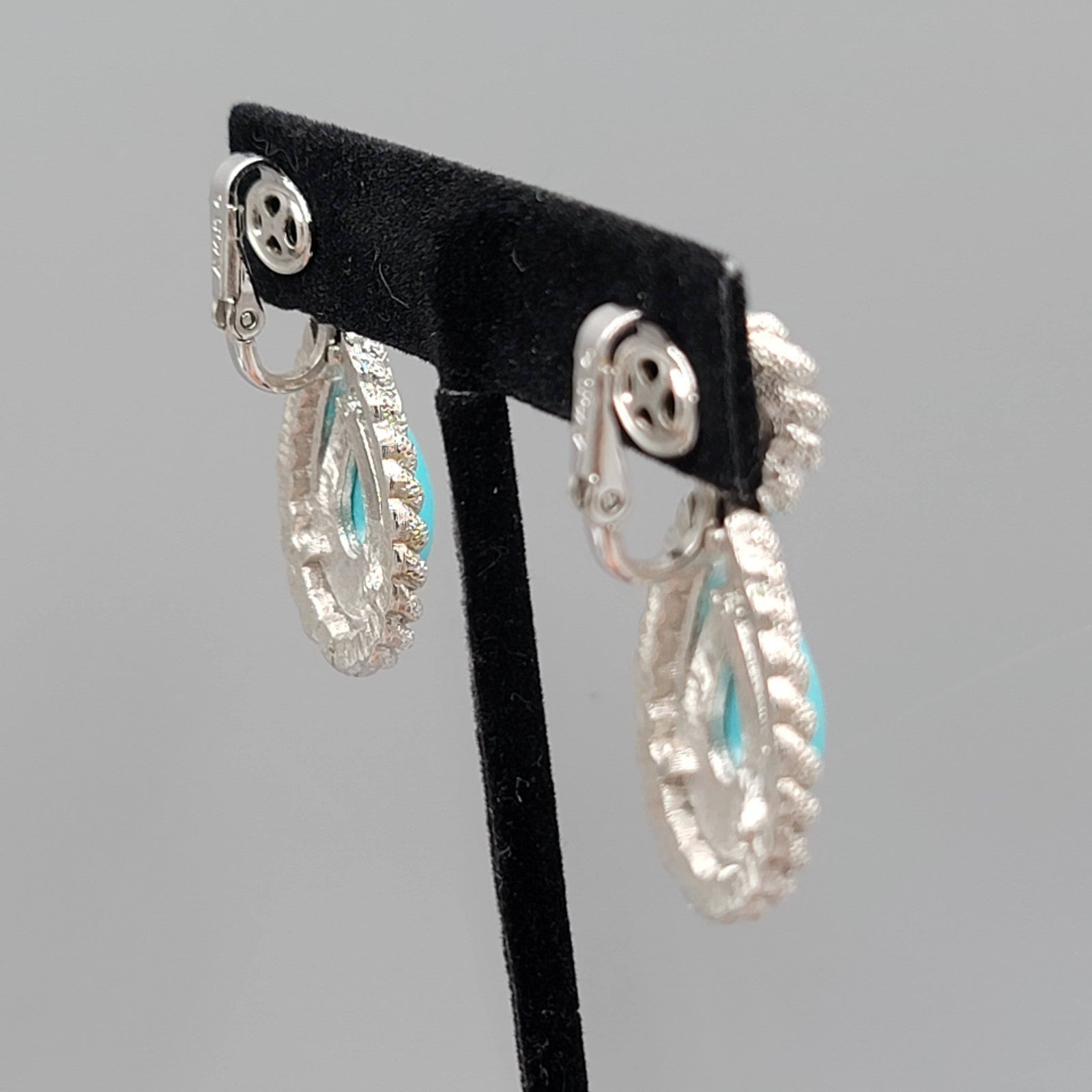 Vintage Avon Clip on Earrings Textured Silver tone Blue Teardrop Dangle 1.5 in