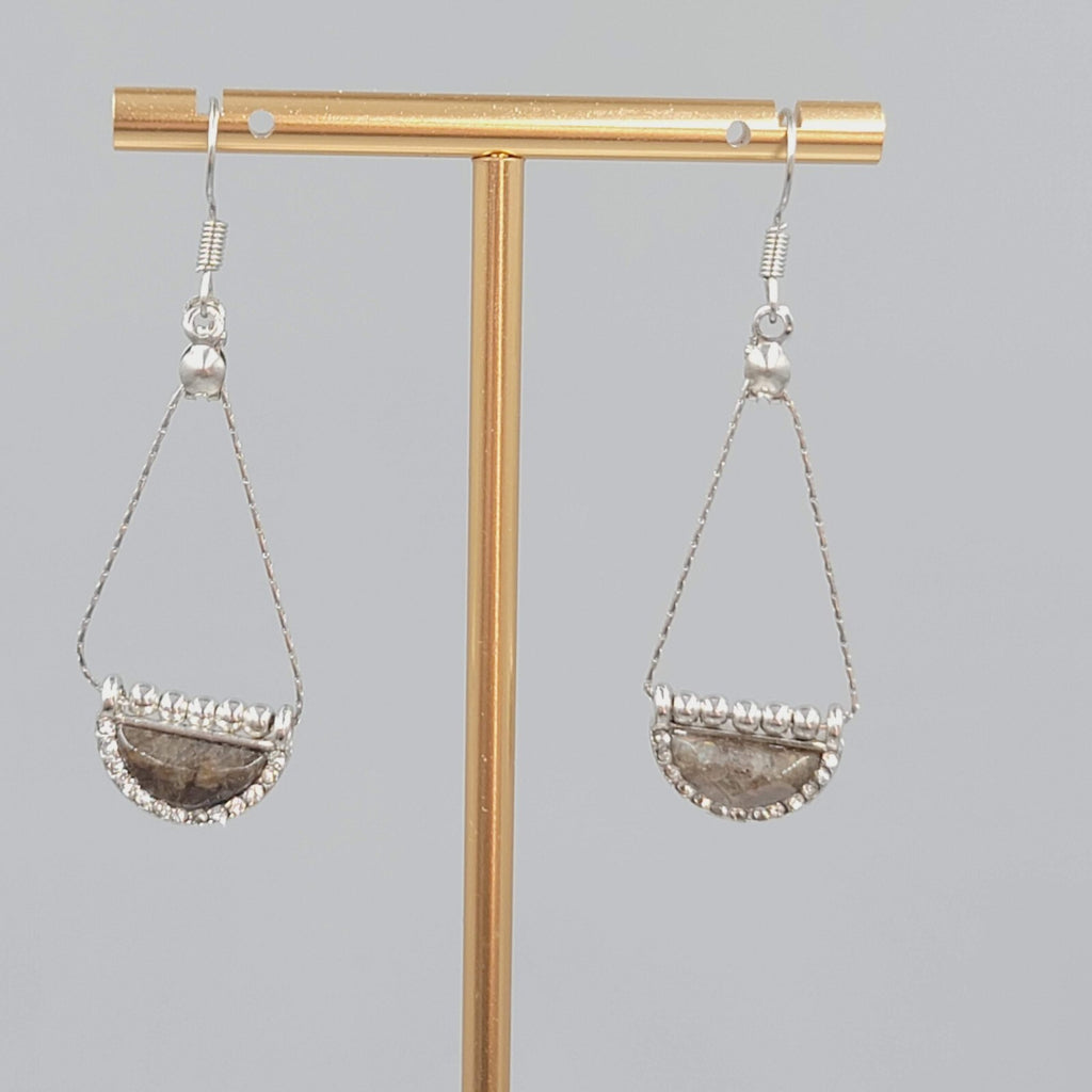 Resin Faux Stone Pierced Earrings Silver tone Chain Dangle 1 5/8"