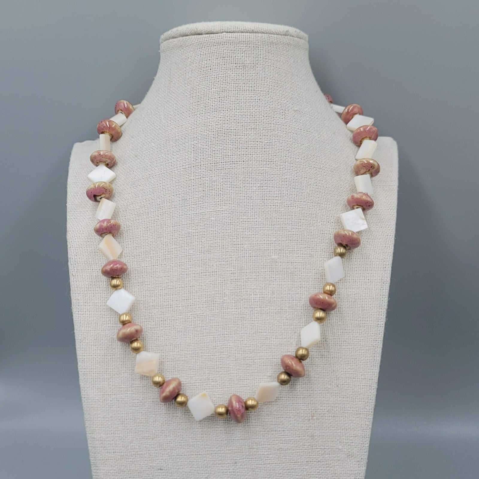 Vintage Mother of Pearl and Clay Beads Necklace 20" Estate Costume Jewelry 