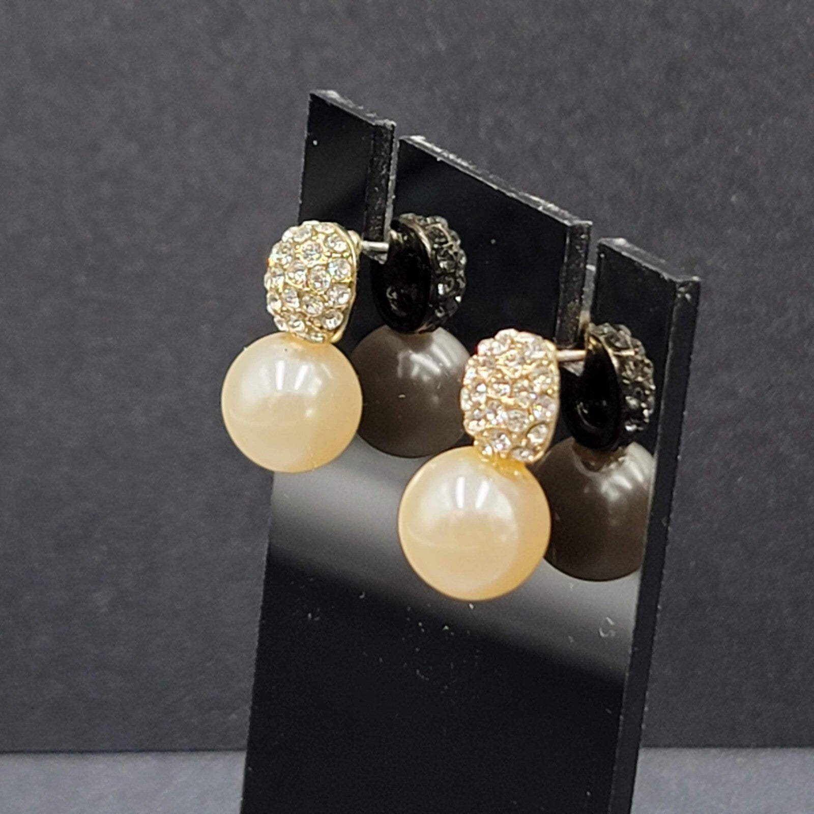 Pierced Earrings Imitation Pearl Crystal Rhinestone Drop 3/4"