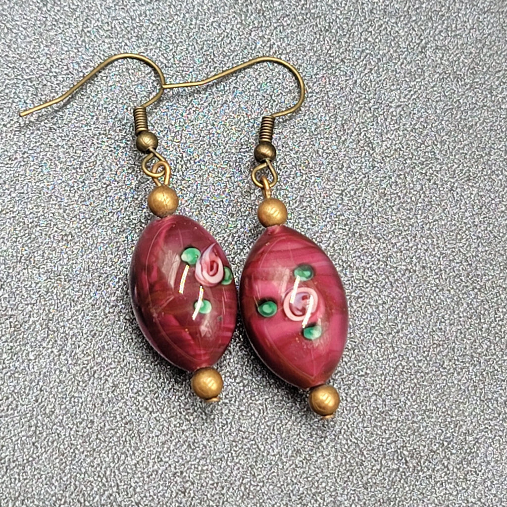 Art Glass Bead Pierced Earrings Bronze tone Pink Flower Dangle 1.25"