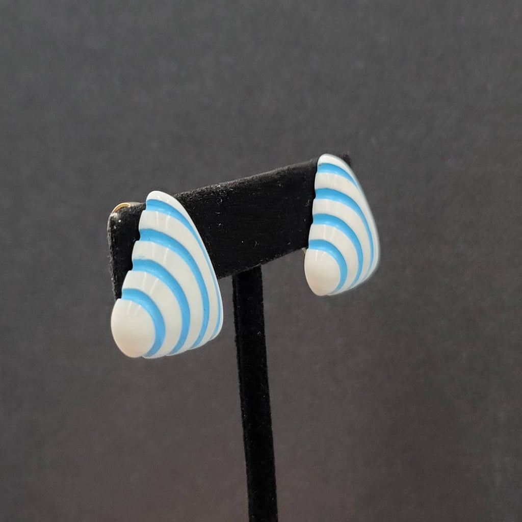 Vintage Clip on Earrings Acrylic White Blue Triangle 1"