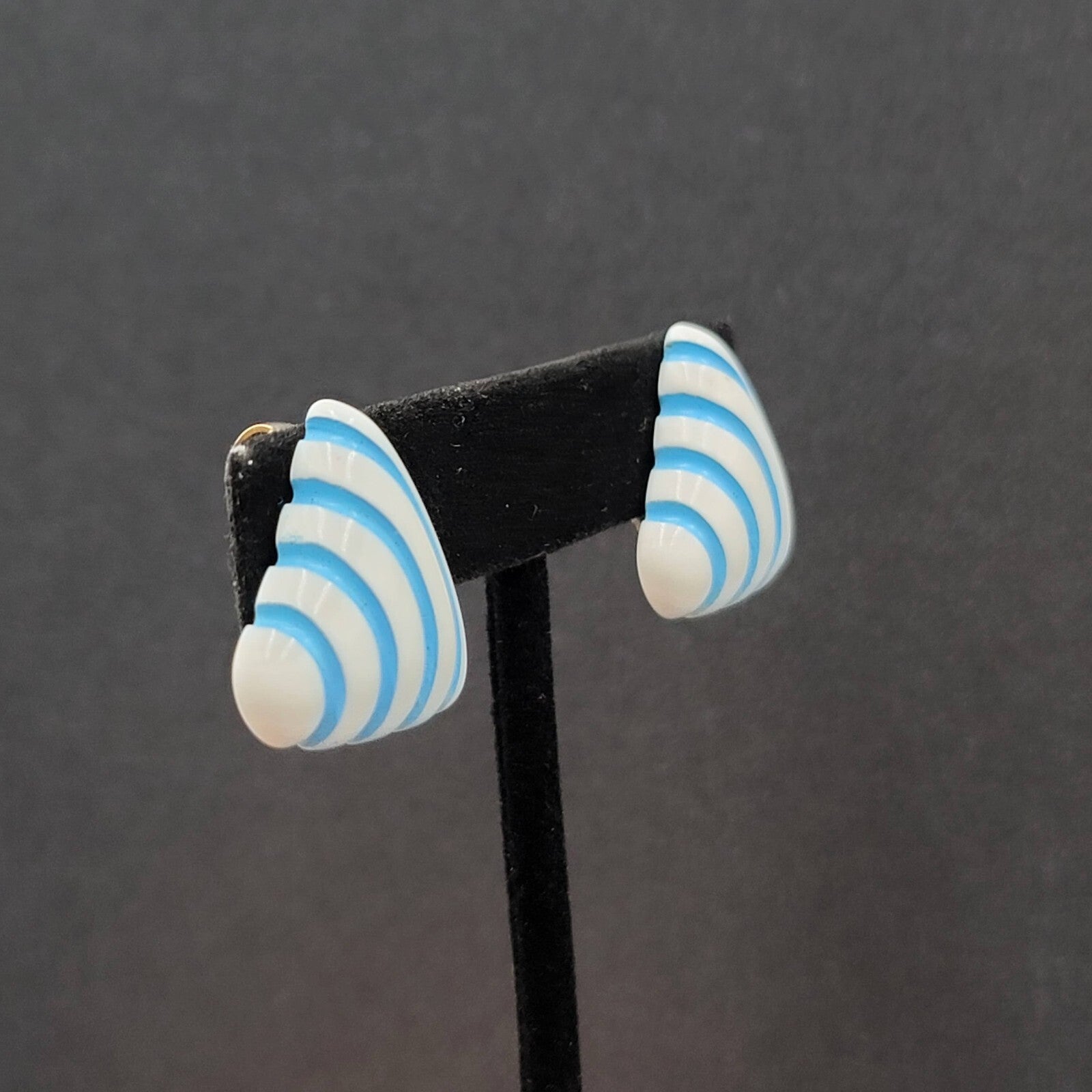 Vintage Clip on Earrings Acrylic White Blue Triangle 1"