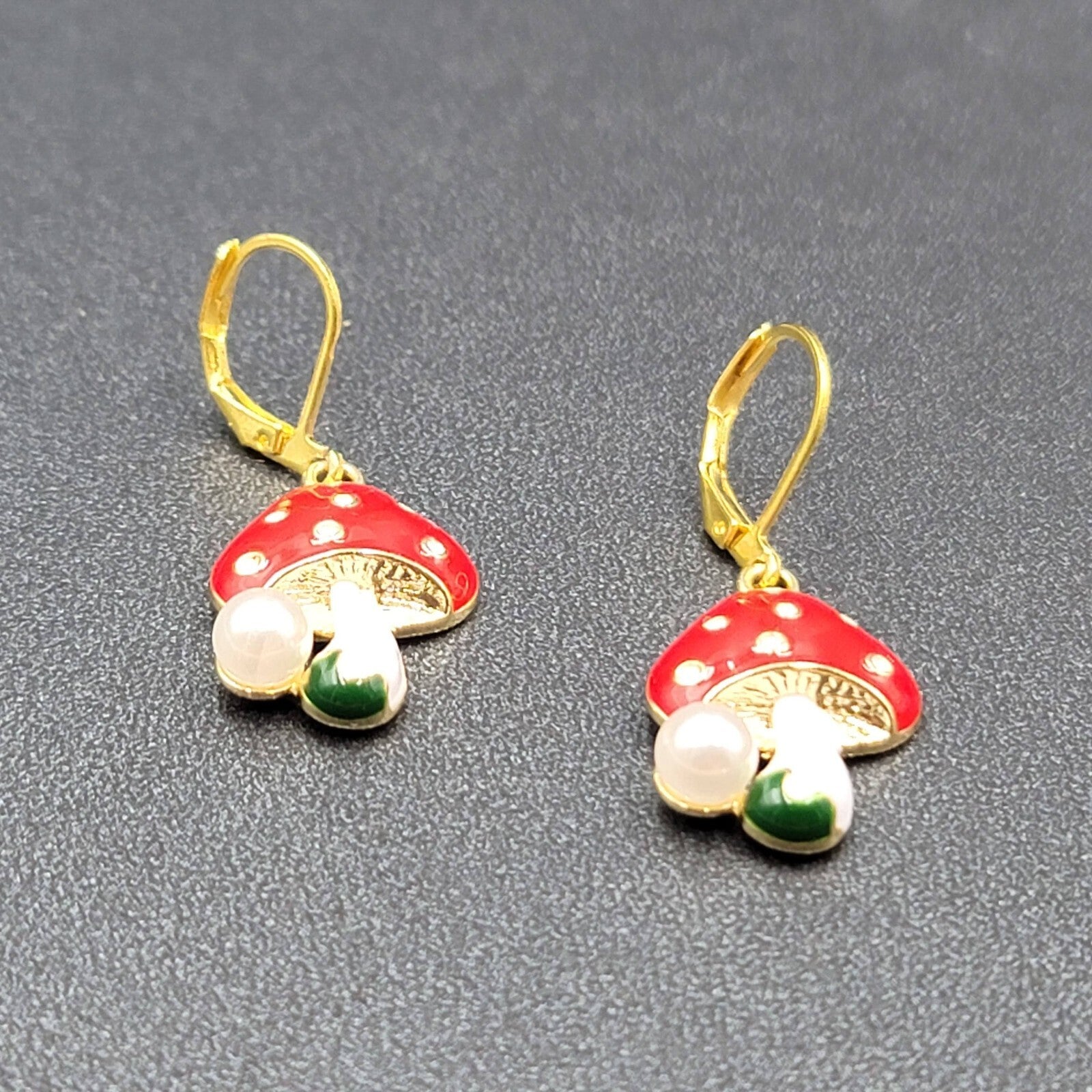 Mushroom Pierced Earrings Faux Pearl Enamel Red White Polka Dot Dangle 3/4"