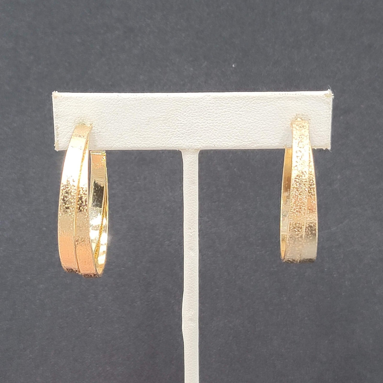 Pierced Earrings Gold tone Textured Double Hoops 1.5"
