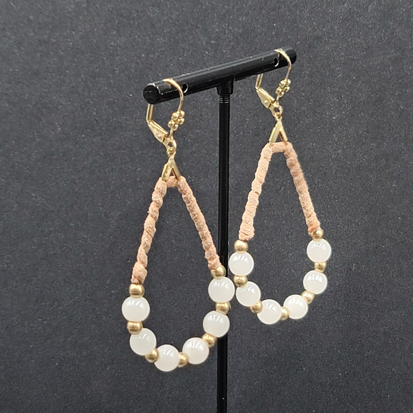 Pierced Earrings Gold tone Leather Wrapped Beaded Teardrop Dangle 2.25"