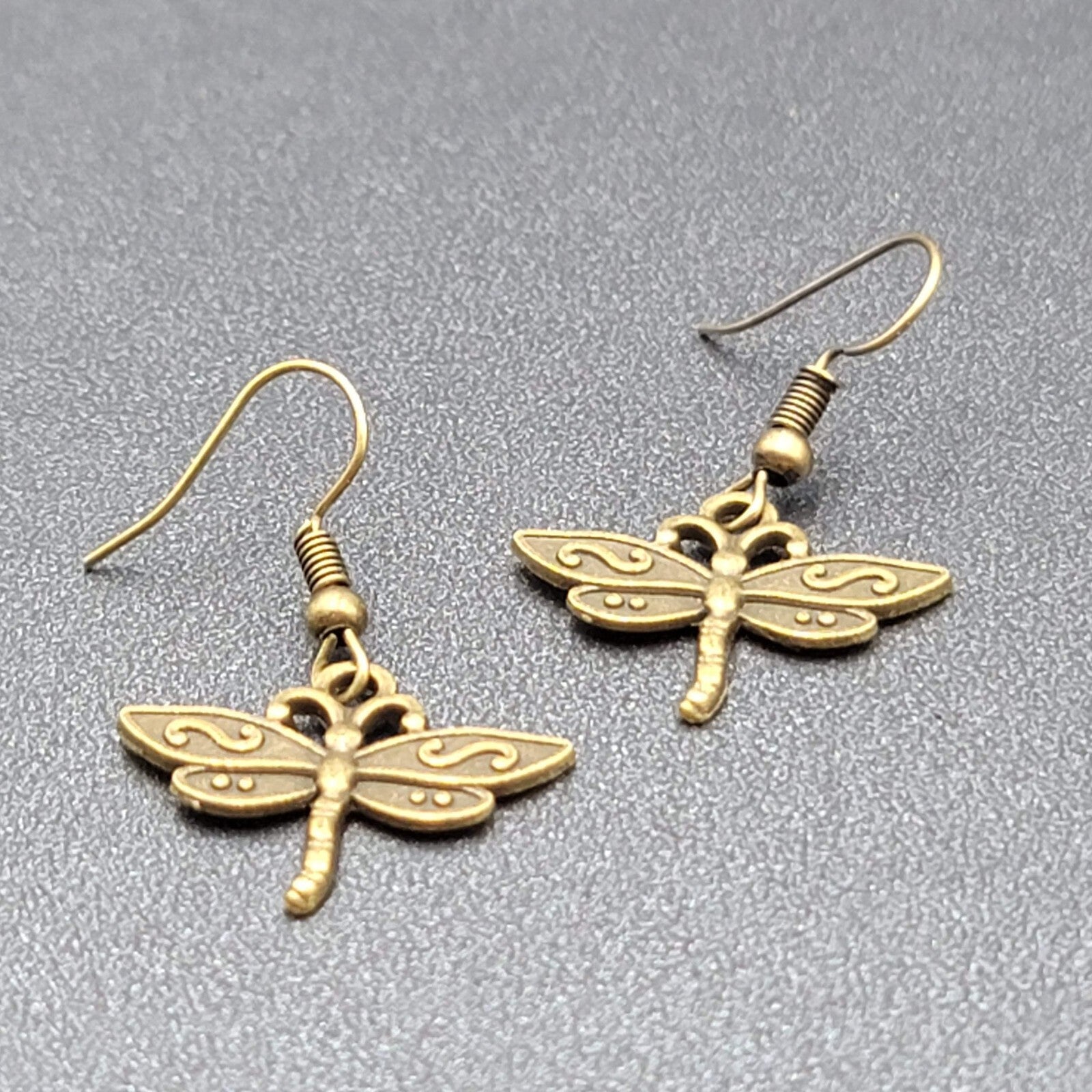 Dragonfly Pierced Earrings Dangle Bronze tone Bug Insect 5/8"