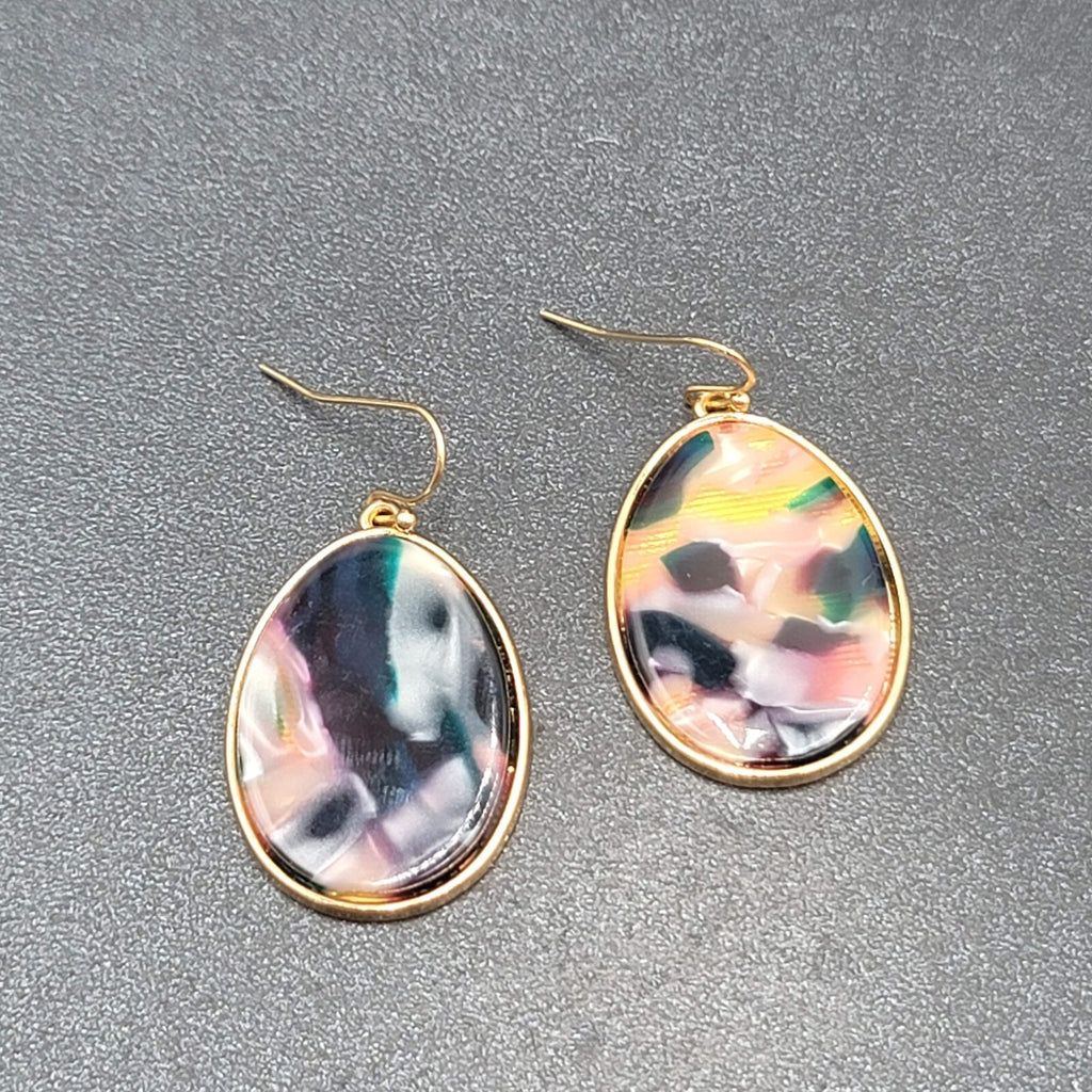Pierced Earrings Gold tone Confetti Acrylic Teardrop Dangle 1.25"