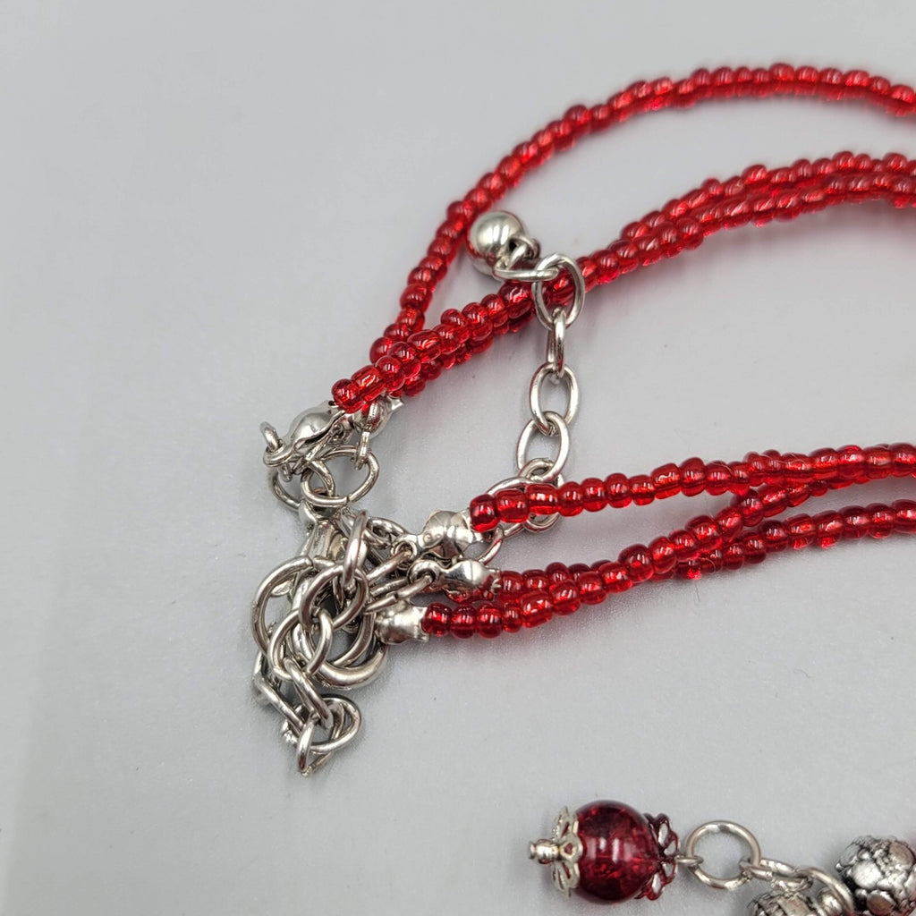 Red Bead Triple Layer Necklace Silver tone Statement Flower Pendant 20"+