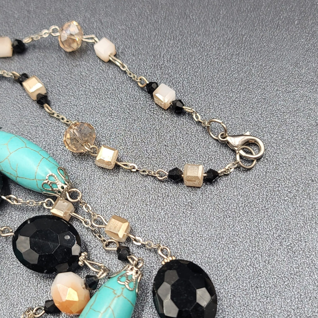 Blue Black White Stone Station Beaded Necklace Silver tone Layered  24"