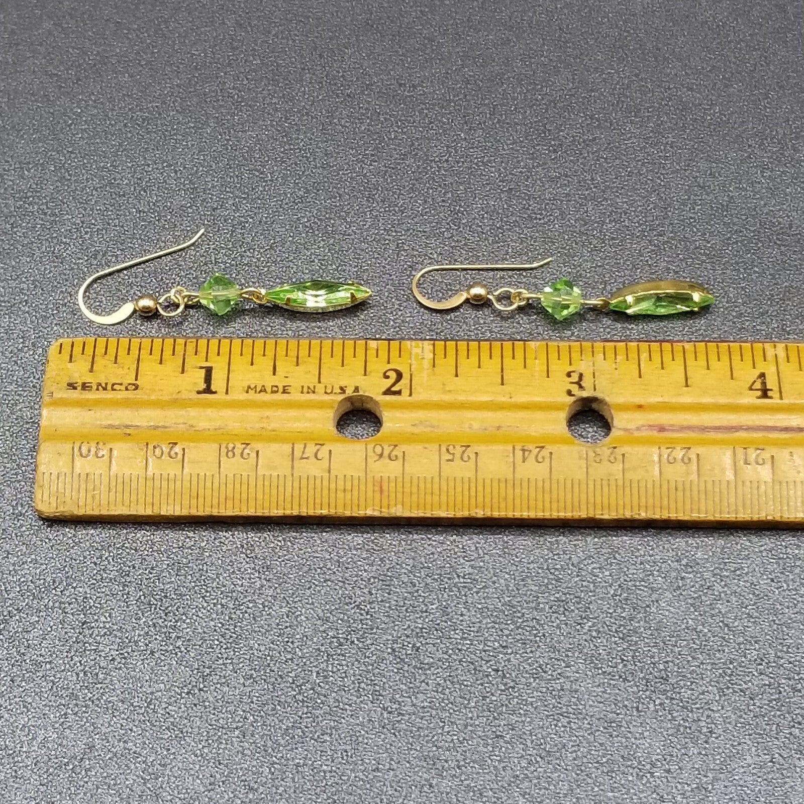 Pierced Earring Gold tone Green Crystal Faceted Bead Statement Dangle 1 1/8"