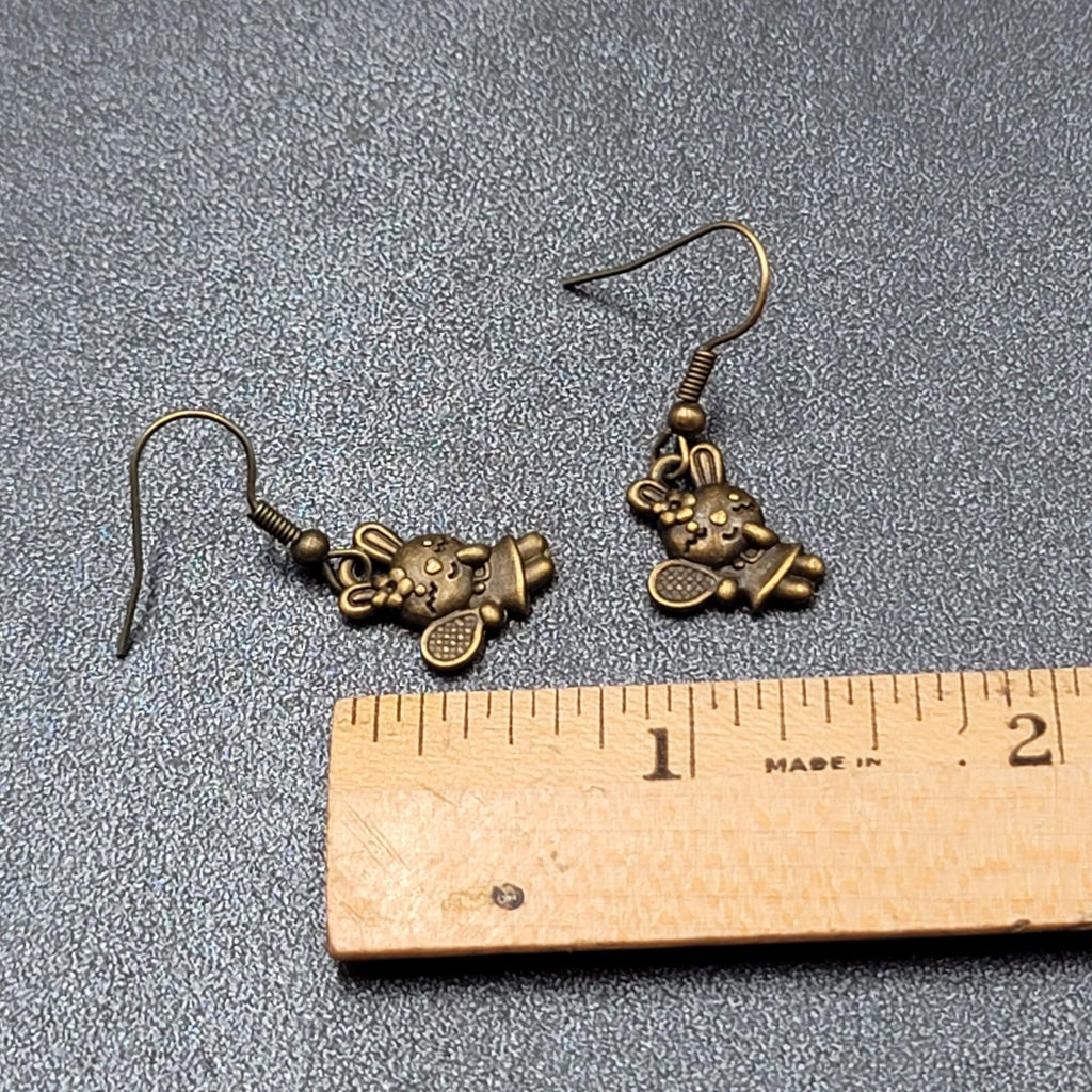 New Pierced Earrings Bronze tone Bunny Rabbit Tennis Dangle 5/8"