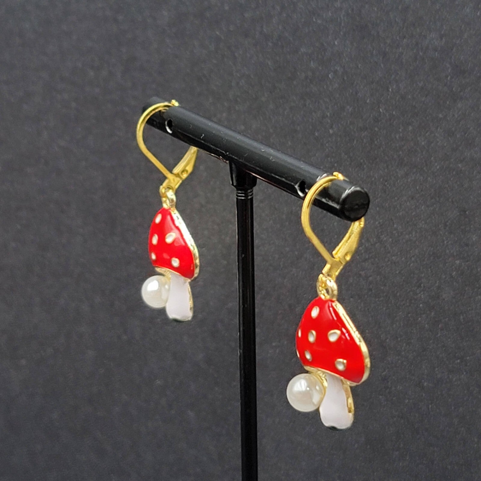 Mushroom Pierced Earrings Faux Pearl Enamel Red White Polka Dot Dangle 3/4"
