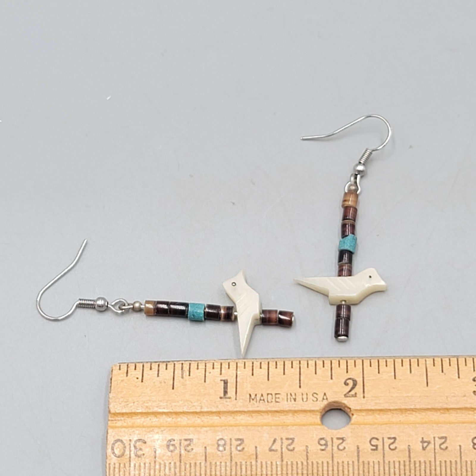 Vintage Bird Fetish Pierced Earrings Heishi Shell Beads Silver tone Dangle 1.5"