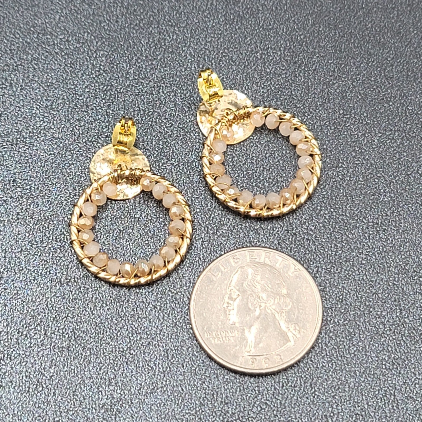 Pierced Earrings Gold tone Quartz Bead Hoops Drop 1"