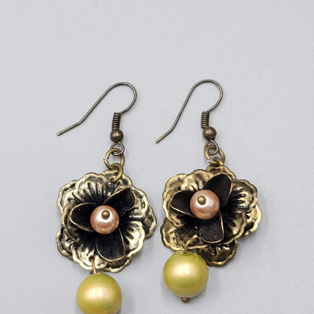 Flower Dangle Pierced Earrings Bronze tone Green Pink Bead 1.25"