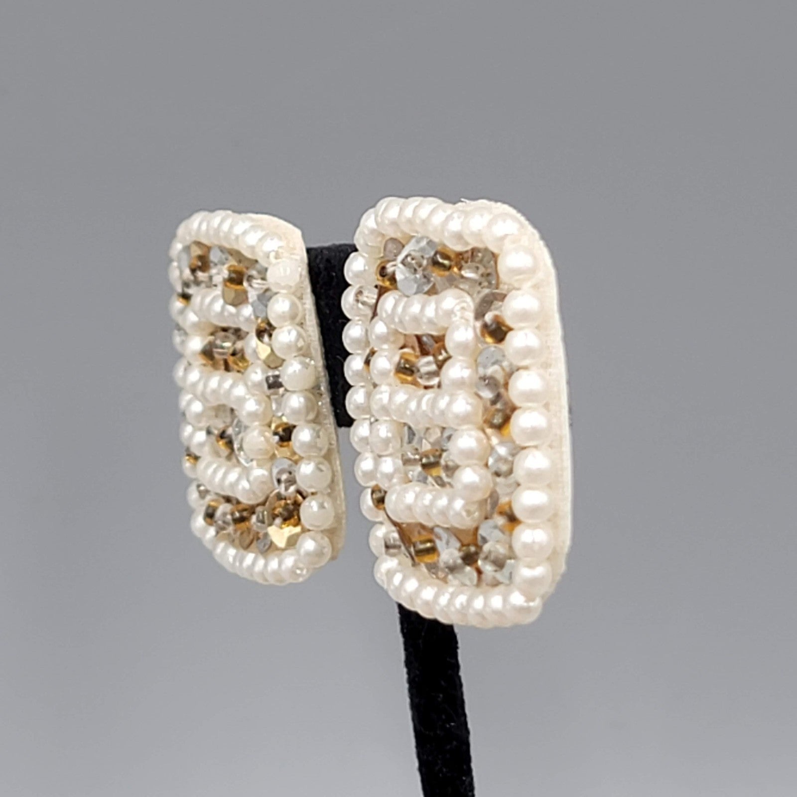 Vintage White Bead Sequin Leather Clip on Earrings Square Gold tone 1.25"