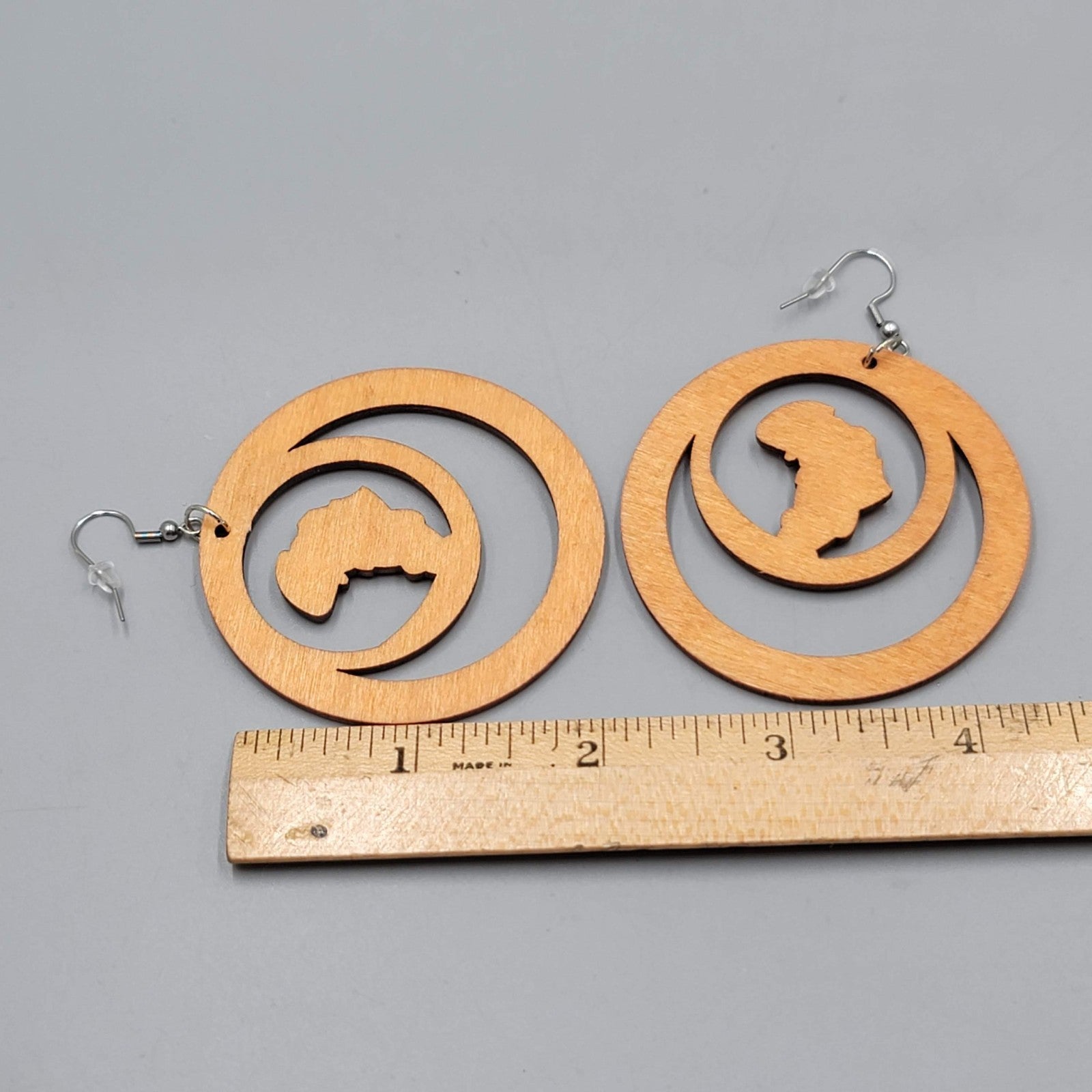 Wood Cut Large Boho Pierced Earrings Silver tone Dangle 2.5 in
