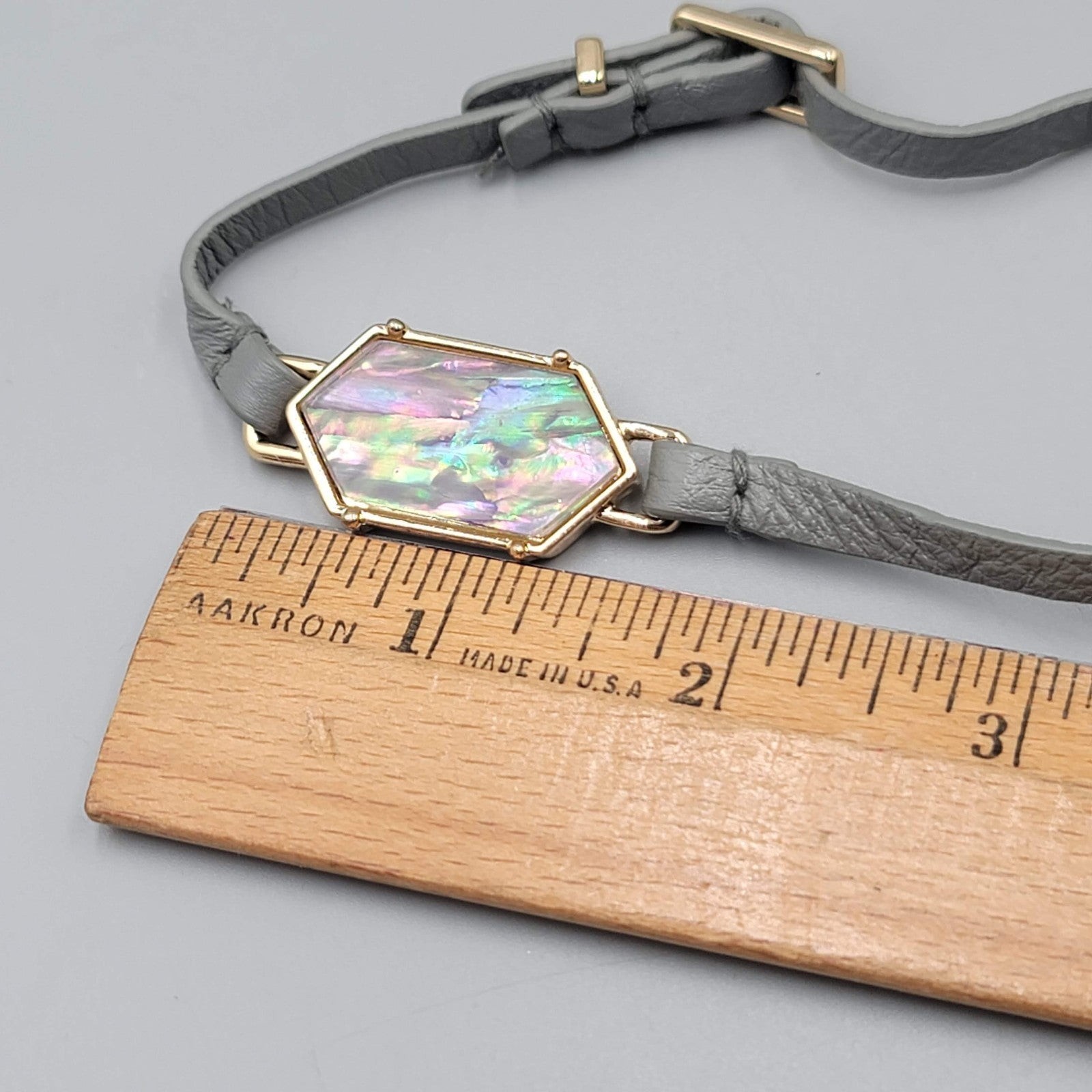 Wrap Bracelet Gray Leather Gold tone Rainbow Resin Accent Adjustable Length