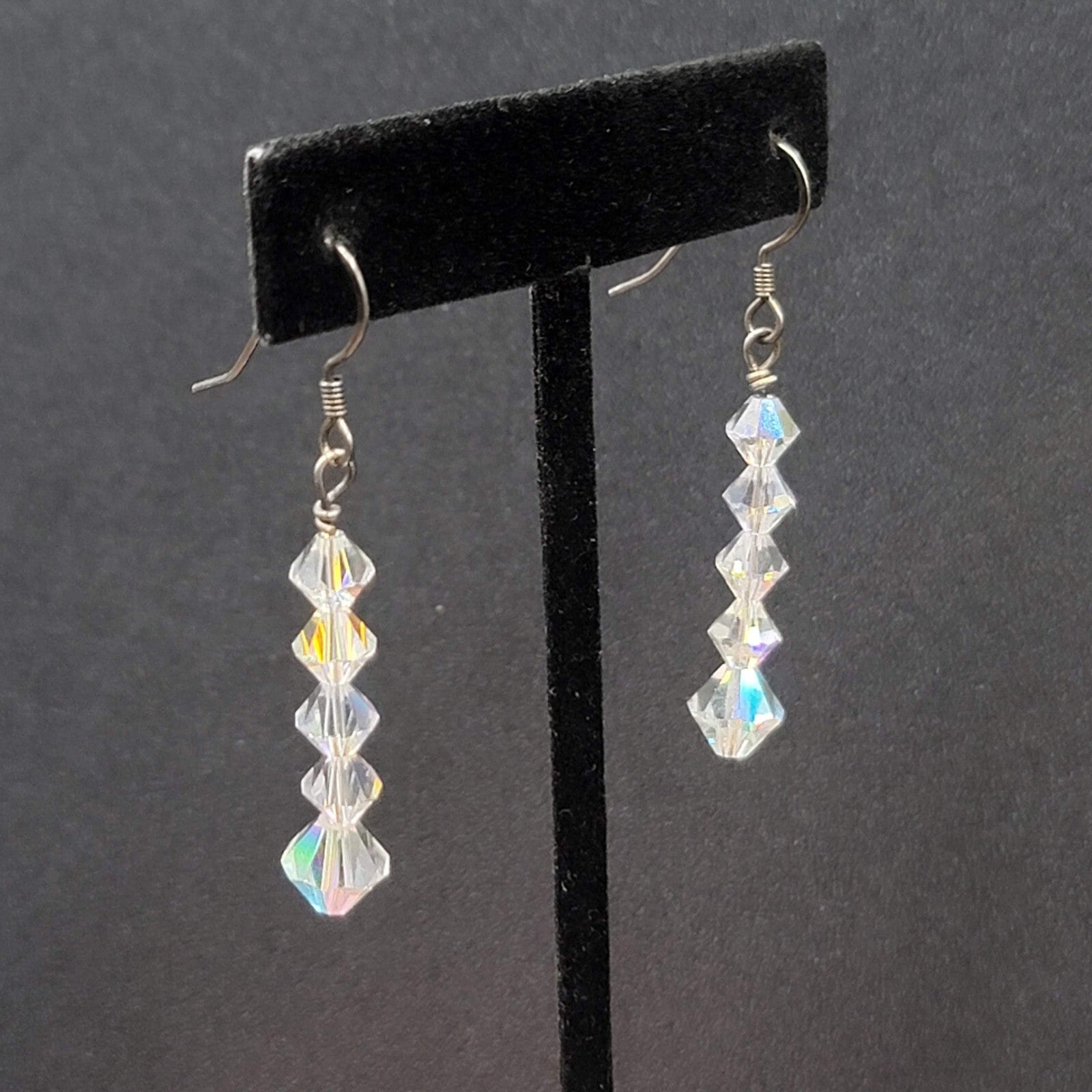 Pierced Earrings Bicone AB Crystal Bead Dangle 1.5"