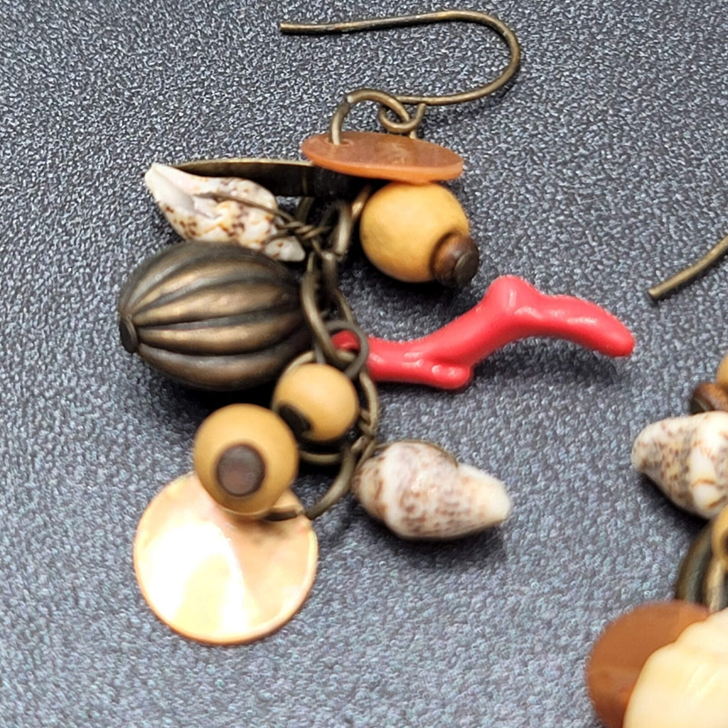 Charm Pierced Earrings Bronze tone Seashells Beads 2"