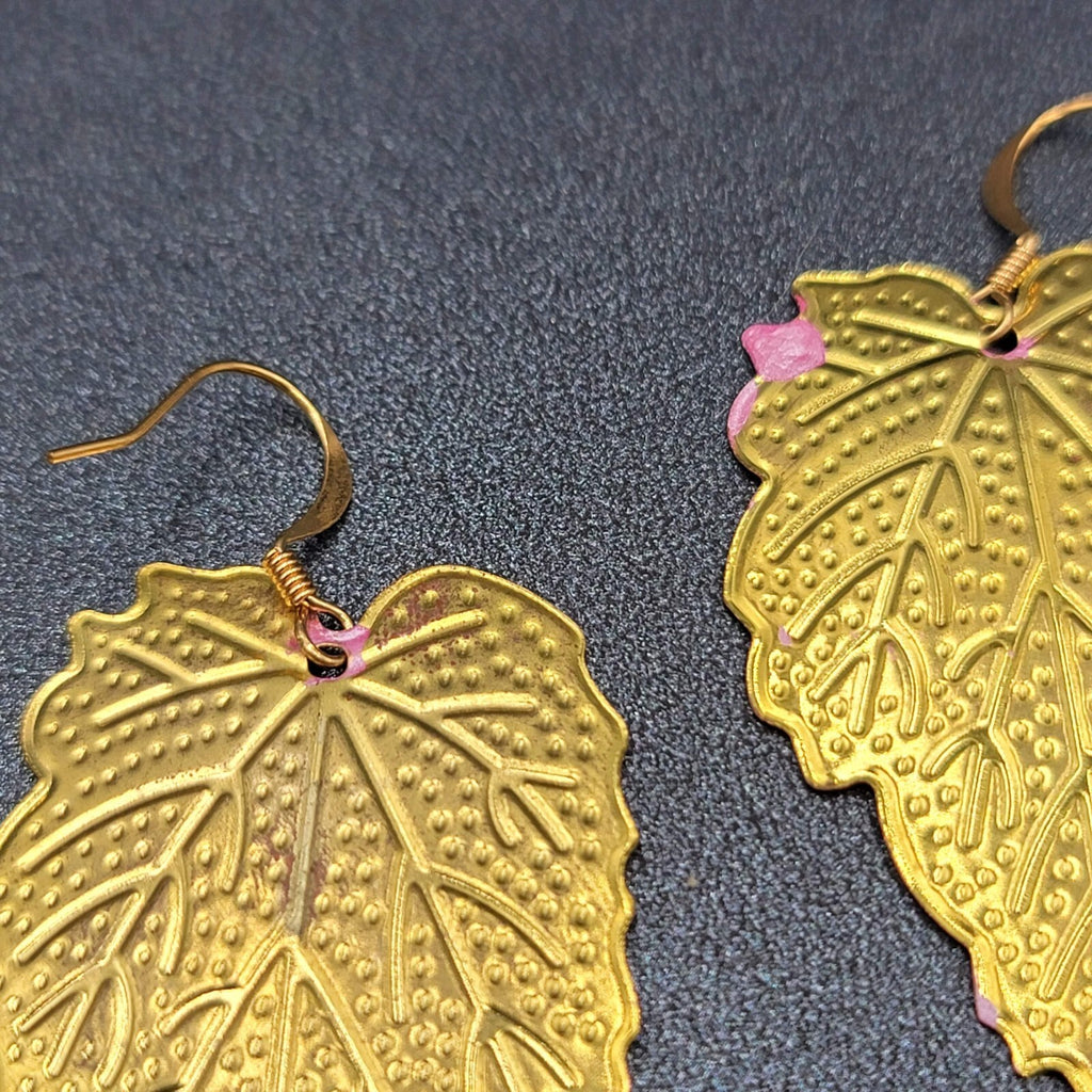 Pierced Earrings Gold tone Large Pink Dangle Leaves Statement 2"