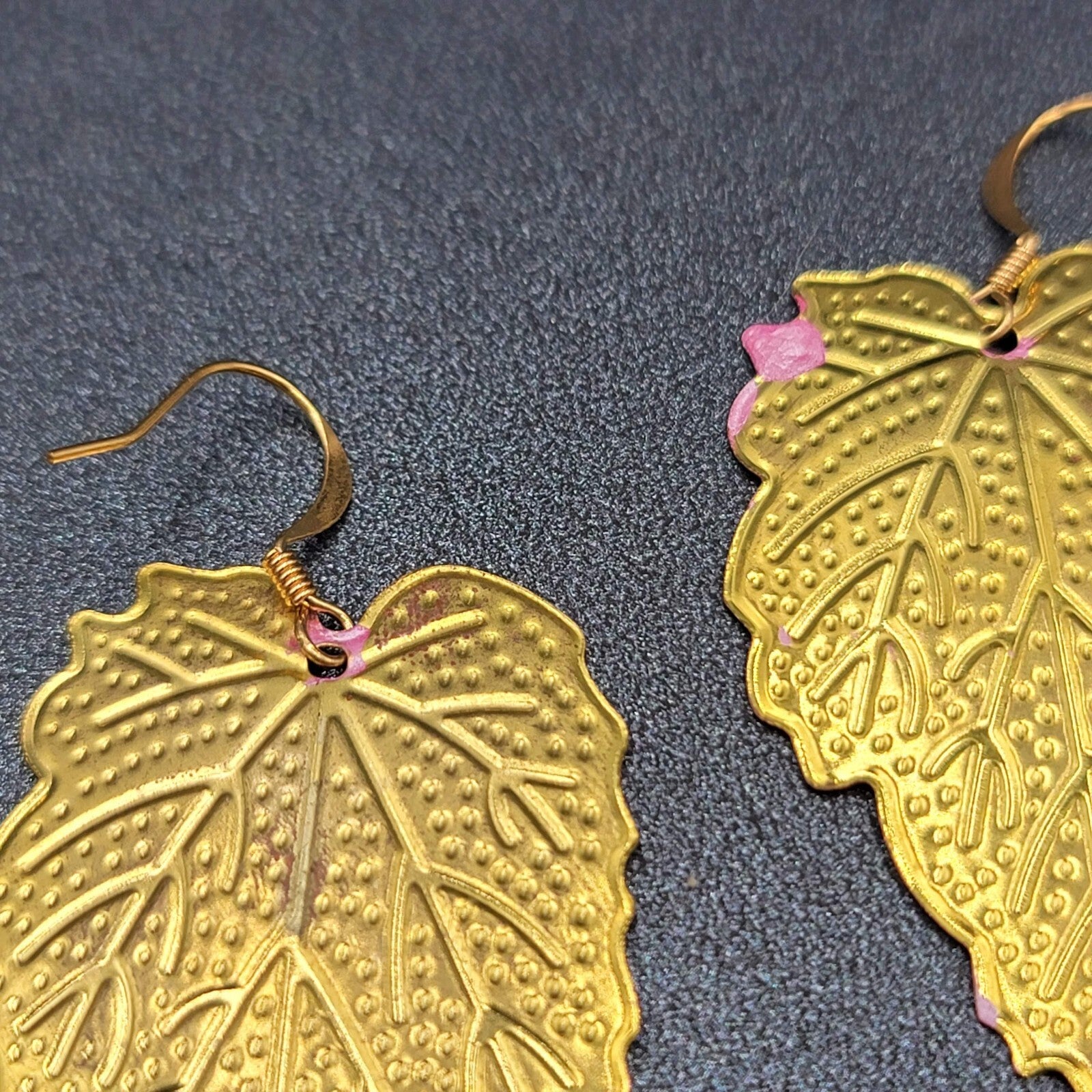 Pierced Earrings Gold tone Large Pink Dangle Leaves Statement 2"