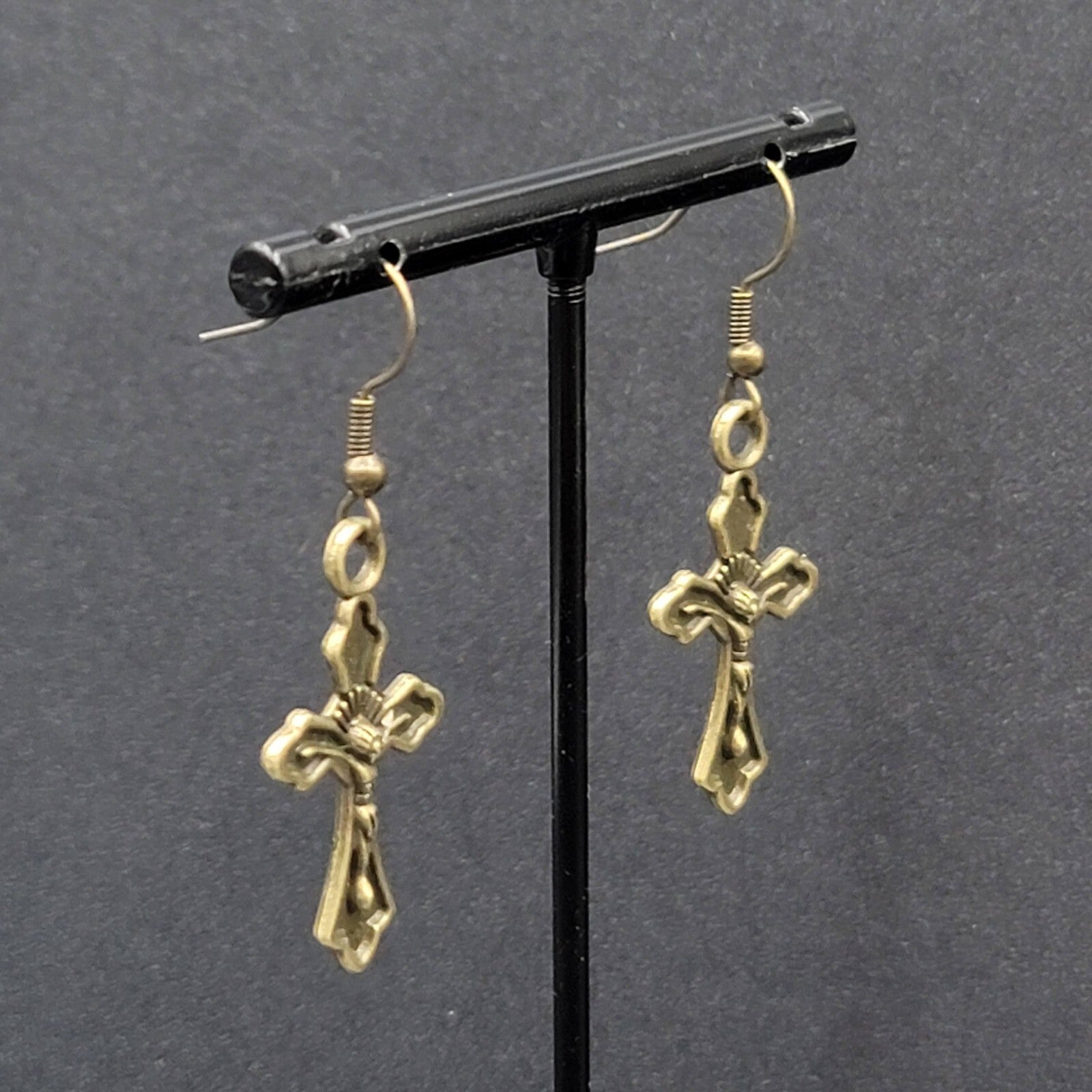 New Crucifix Cross Pierced Earrings Bronze tone Dangle 1 1/8"
