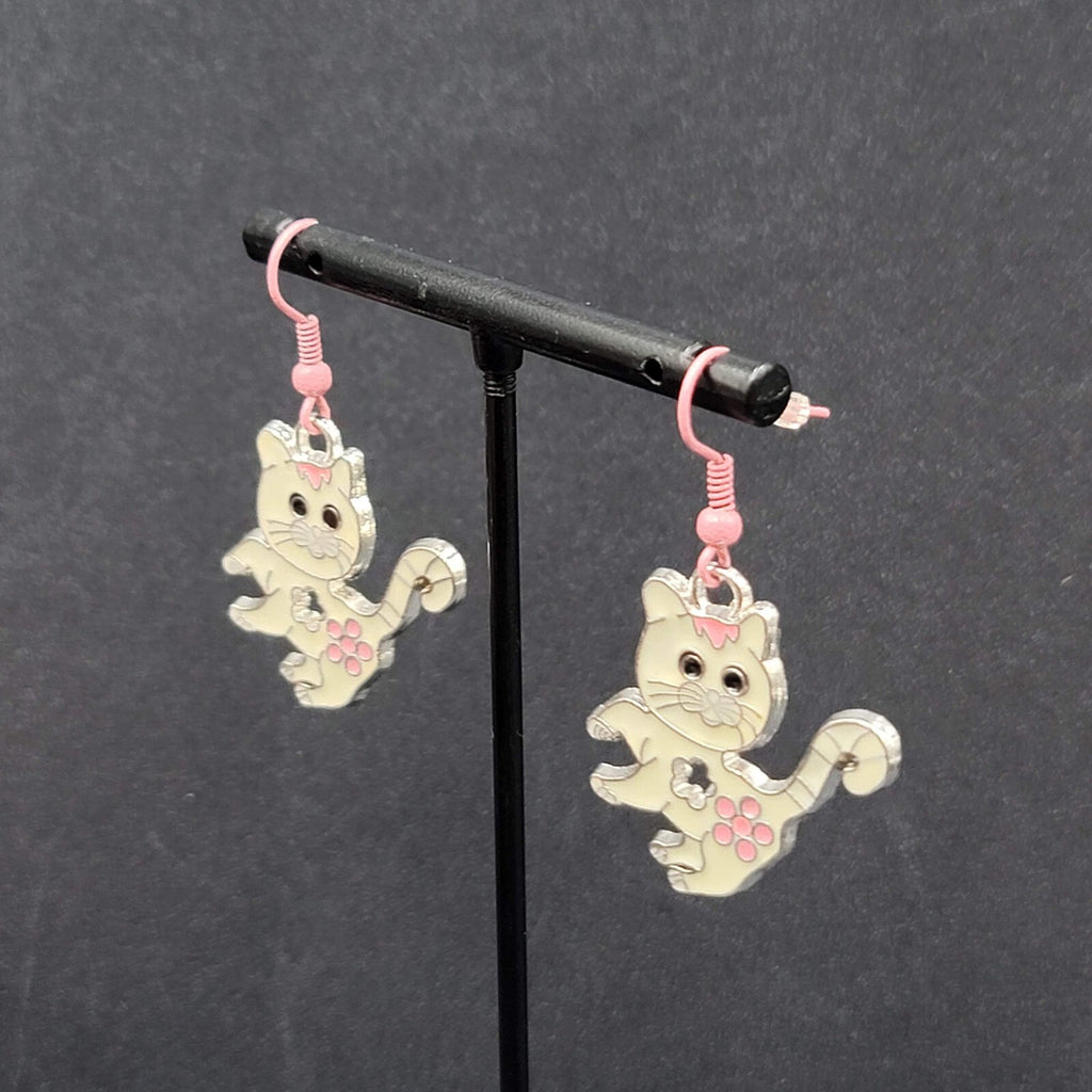 Pierced Earrings Pink White Enamel Kitty Cat Dangle Silver tone  1 1/8"