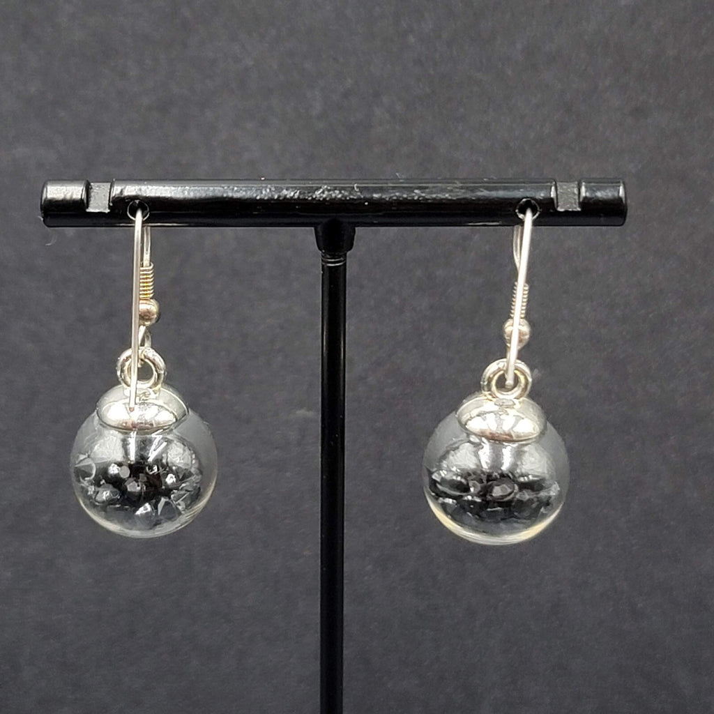 Pierced Earrings Silver tone Loose Black Rhinestones Filled Sphere Dangle 3/4"