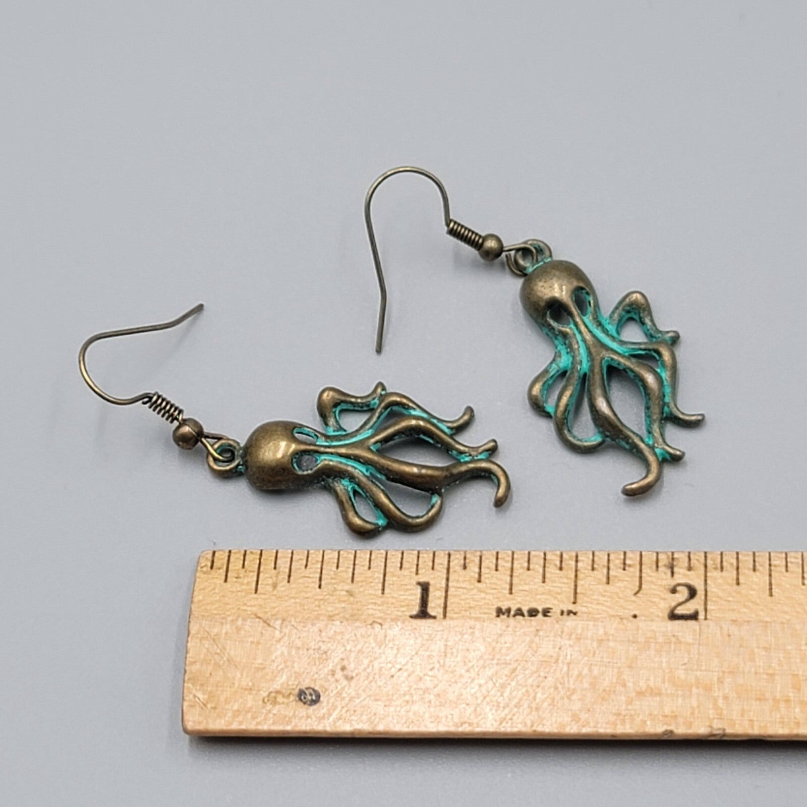 Octopus Beach Sea life Pierced Earrings Bronze tone Green wash Dangle 1 1/8"
