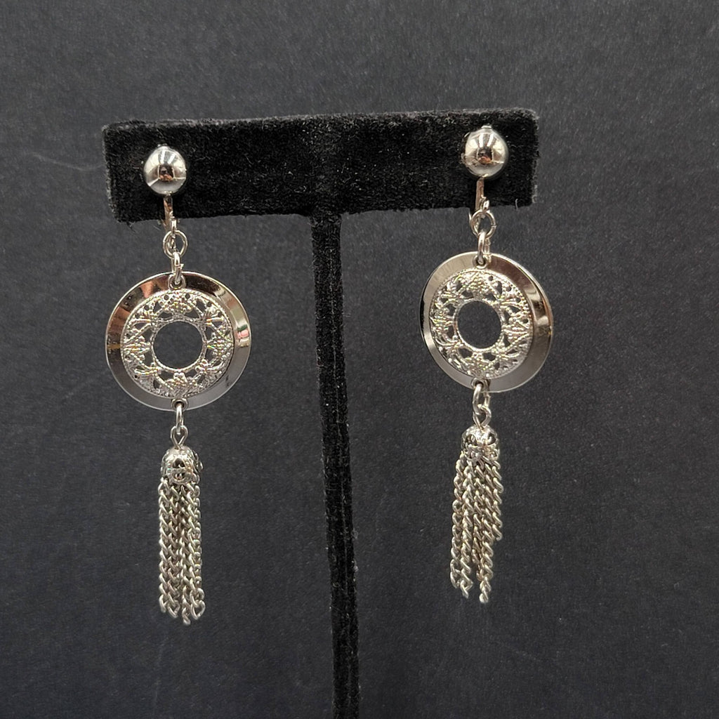 Vintage Clip on Earrings Silver tone Open Circle Tassel Chains  2.75"