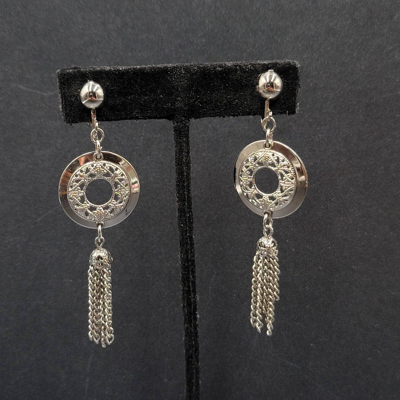 Vintage Clip on Earrings Silver tone Open Circle Tassel Chains  2.75"