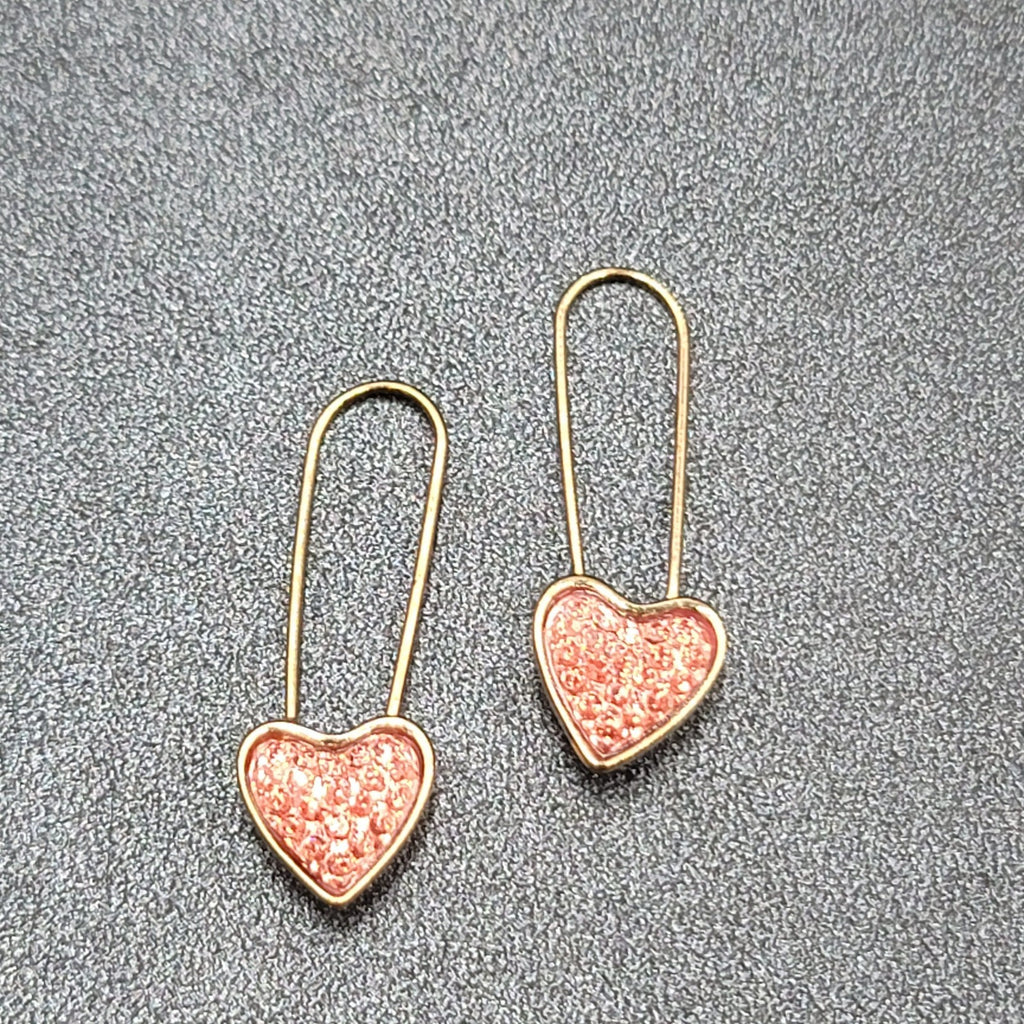 Pierced Earrings Gold Plated Pink Heart Dangle Loops 1 3/8"