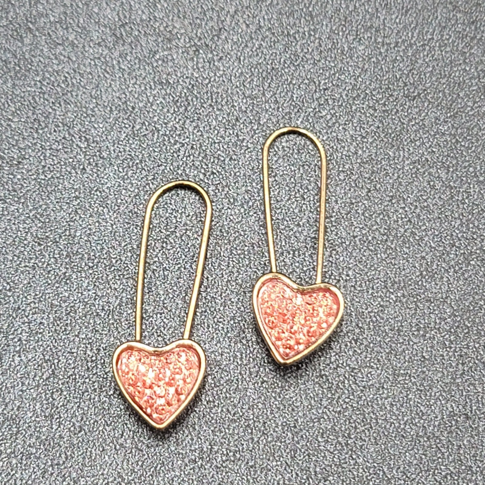 Pierced Earrings Gold Plated Pink Heart Dangle Loops 1 3/8"