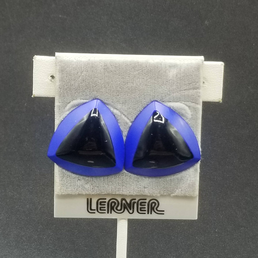 Vintage Pierced Earrings Blue Black Enamel Geometric Statement Drop 1"