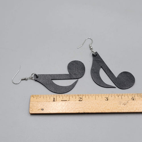 Eigth Note Black Faux Leather Music Pierced Earrings Silver tone Dangle 2"
