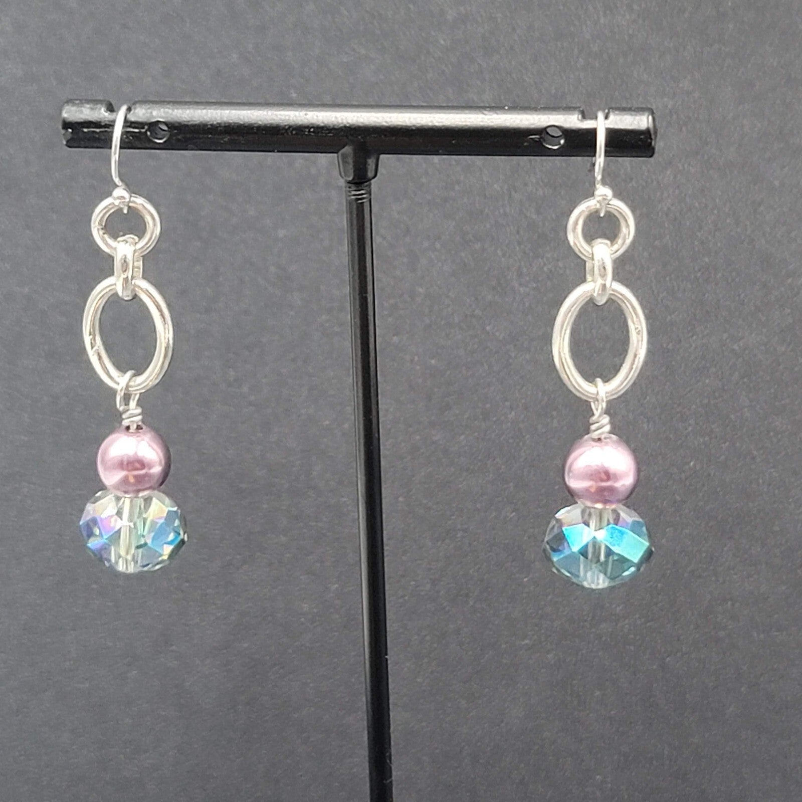 Pierced Earrings Silver tone Blue Crystal Pearl Beaded Dangle 1.75"