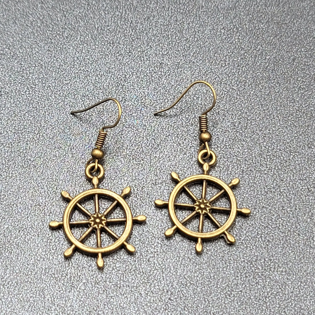 New Helm Pierced Earrings Bronze tone Ships Wheel Nautical Dangle 1"