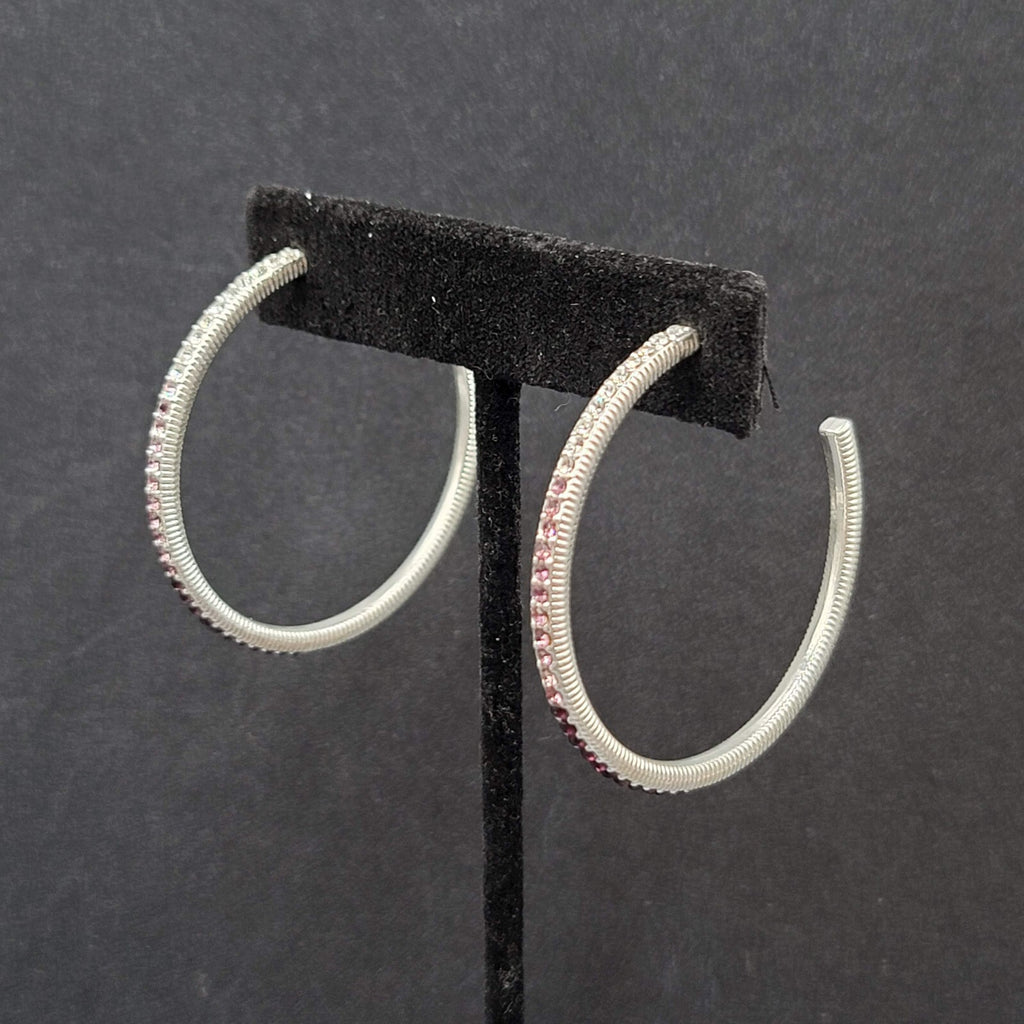Pierced Earrings Silver tone Gradated Purple Rhinestone Hoops 1.75"