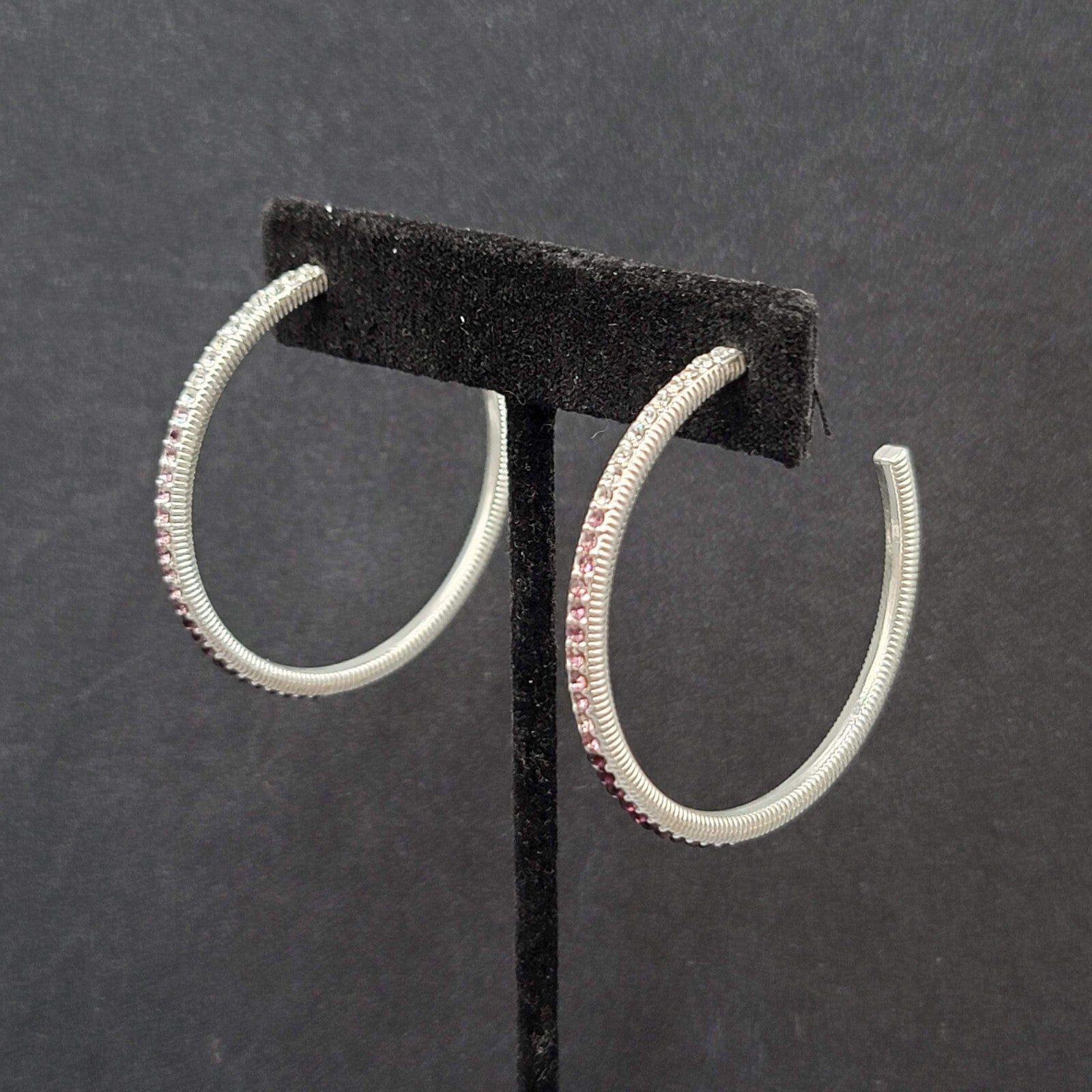 Pierced Earrings Silver tone Gradated Purple Rhinestone Hoops 1.75"