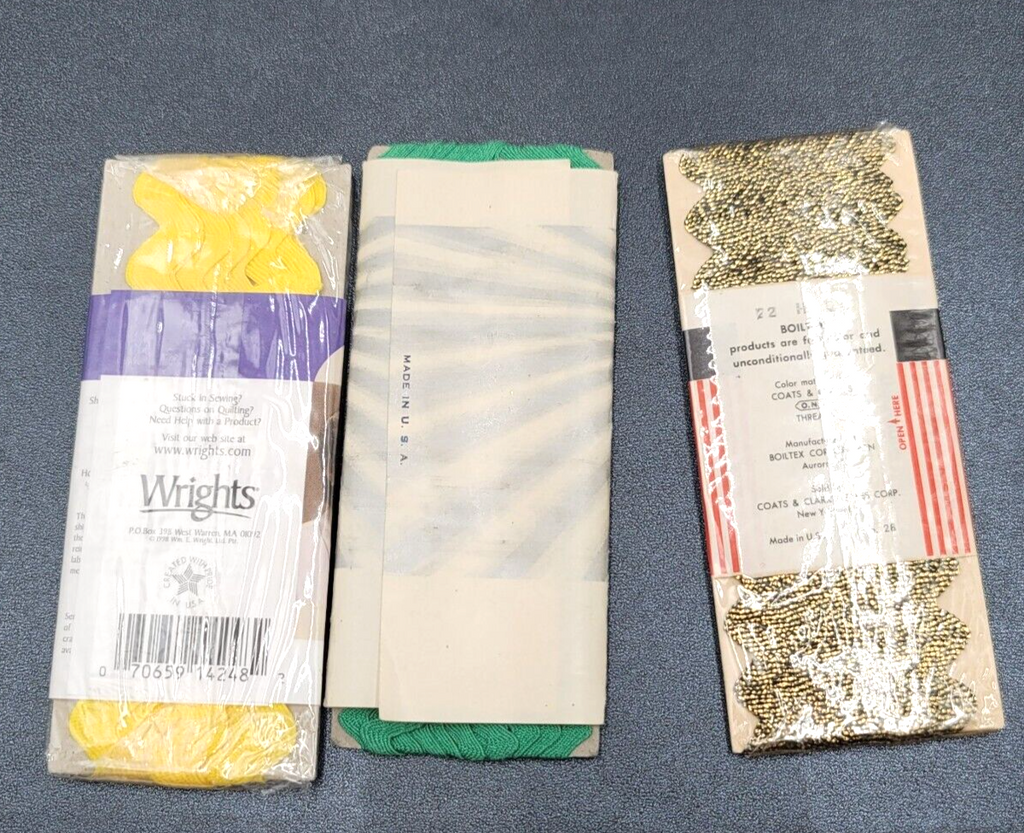 NOS 3 pk Lot Green Jumbo Yellow Rick Rack Metallic Black Seam Binding