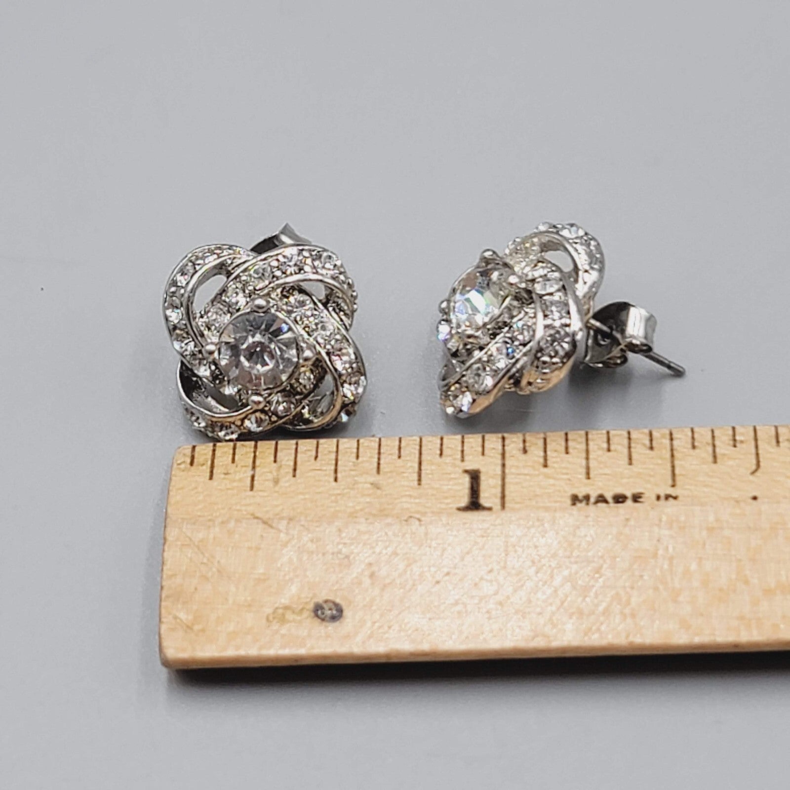 Stud Pierced Earrings Silver tone Rhinestone Knot Studs 5/8"
