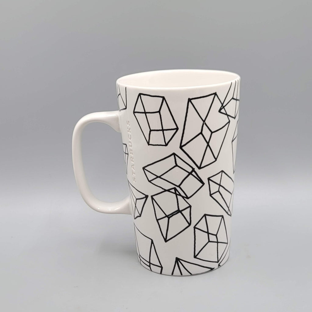 2014 Starbucks Coffee Tea Ceramic Mug Green Dot Black Geometric Cubes 16 oz