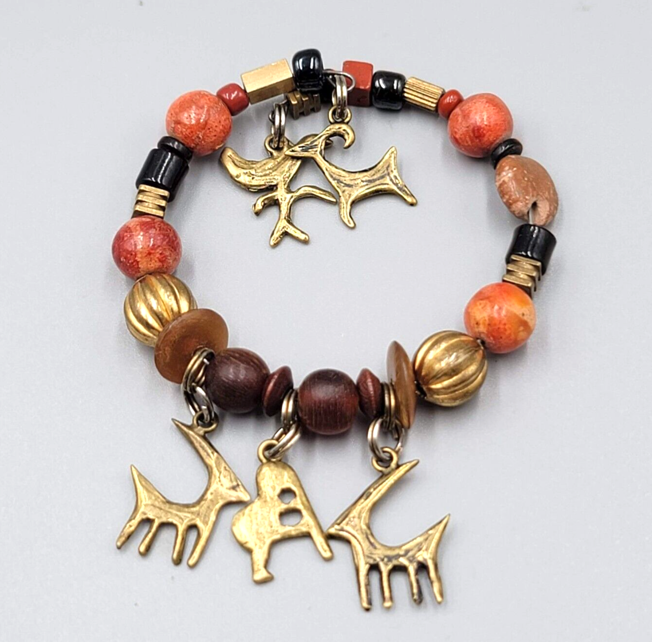Stone Brass Animal Charm Bracelet Memory Wire Brown Orange